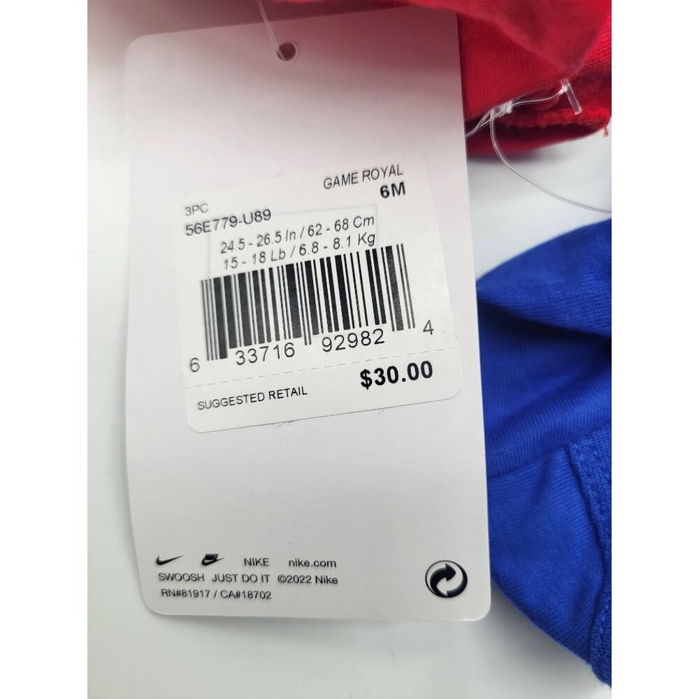 NIKE Baby 6M Set of 3 Game Royal One Piece Bodysuits Red Blue Gray Swoosh NWT - Picture 5 of 6